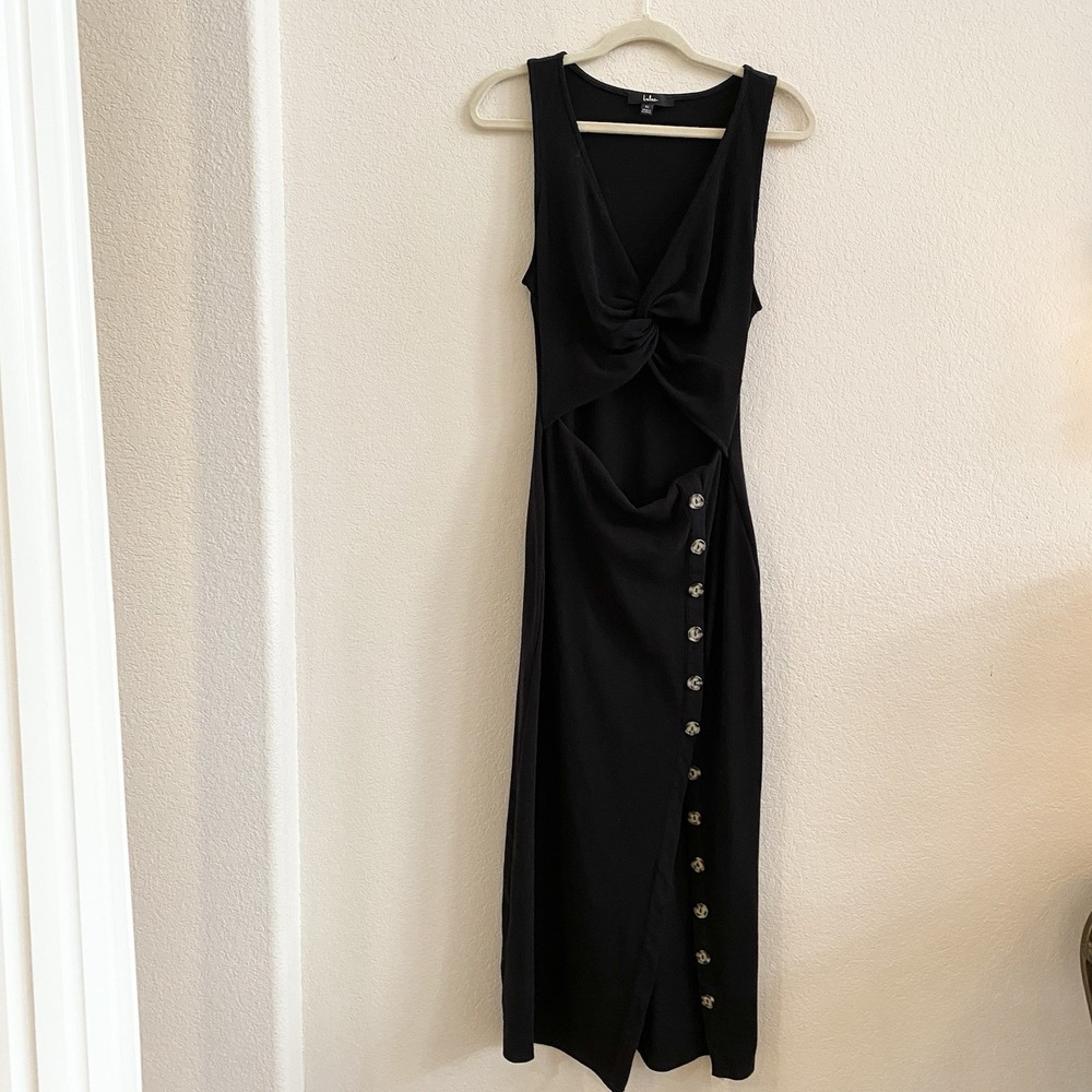Lulus Dress Black Open Front Button Up Stretch Sleeveless‎ Bodycon Midi  XL - Picture 5 of 10